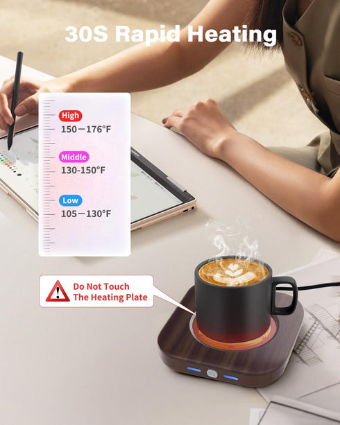 3-Temp Settings 4 Mug Warmer - Coffee Mug Warmer for Desk with Hrs Auto Shut Off, Fastest Heating & Smart Wood Candle