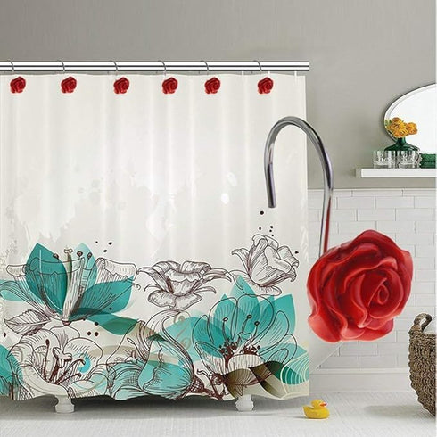 12 PCS Decorative Anti Rust Shower Curtain Hooks, Rose Design Shower Curtain Rings (RED)