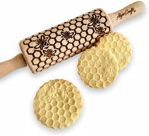 Kid Size Embossing Rolling Pin BEES. Wooden Laser Cut Mini Rolling Pin