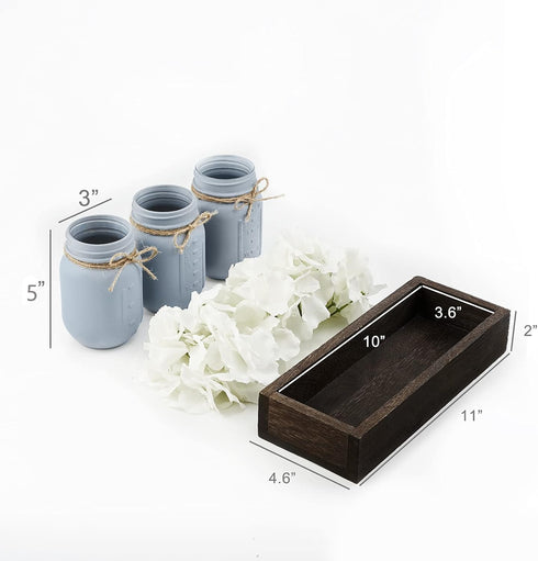 Mkono Mason Jar Centerpiece - Decorative Wood Tray with 3 Painted Jars and Artificial Flowers for Rustic Decor
