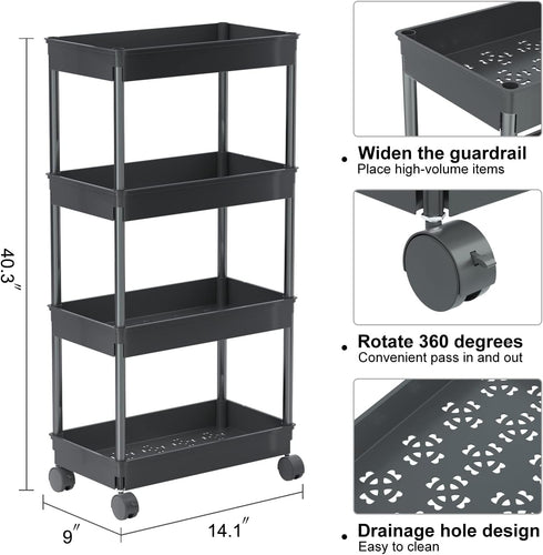 Sooyee 4 Tier Wide Storage Cart, Mobile Shelving Unit Organizer for Kitchen, Bathroom, Laundry, Black Plastic & Steel