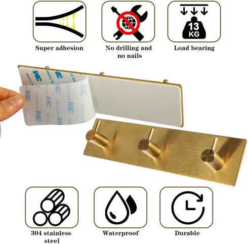 Picowe Key Holder for Wall, Adhesive Stainless Steel Key Hooks, Key Organizer, Towel Hook, Coat Hanger - Golden 1PCS