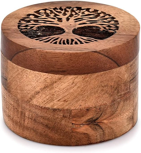 Acacia Wood Spice Cellars Box with Lid, Round Storage Box for Kitchen Counter, 3.5" x 3.5" x 2.5" for Spices