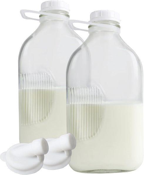 The Dairy Shoppe Heavy Glass Milk Bottles - Jugs with Lids and Silicone Pour Spouts