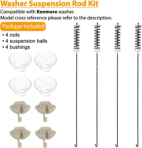 Washer Suspension Rod Kit, Compatible with Kenmore Models 11020102310, 11020112310, and more