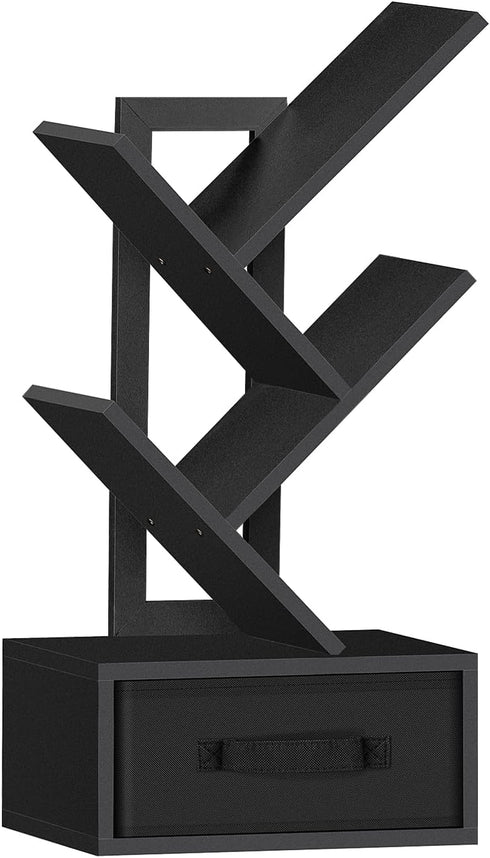 Small Book Shelf with Drawer, 4 Tier Black Tree Bookshelf, Wooden Desktop Bookcase for Living Room, Bedroom, Office