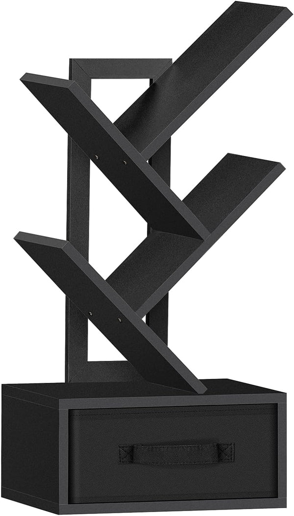 Small Book Shelf with Drawer, 4 Tier Black Tree Bookshelf, Wooden Desktop Bookcase for Living Room, Bedroom, Office