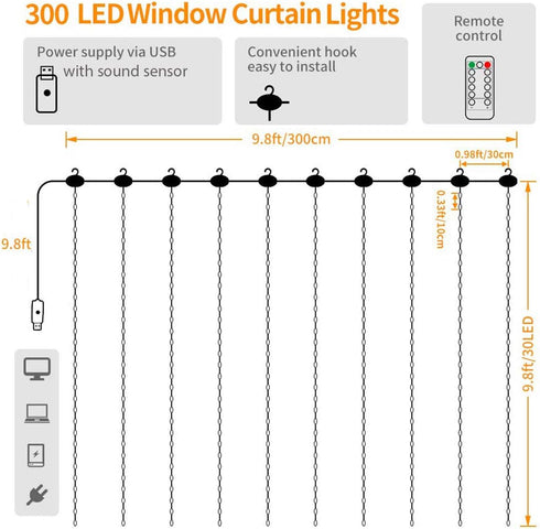 Epicgadget 300 Epidgadget Window Curtain String Lights, LED USB Powered Copper Wire String Light with Remote Control