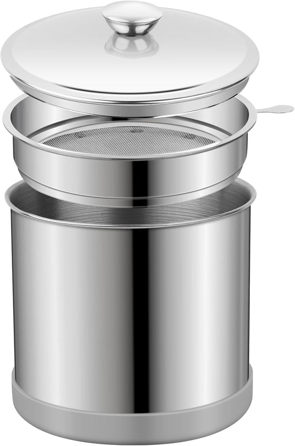 1.2L Bacon Grease Saver Container with Fine Mesh Strainer, Non-slip Silicone for Cooking Oil Storage