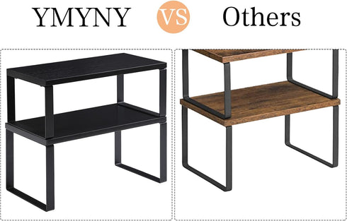YMYNY Cabinet Shelf Organizer, Set of 2 Extendable Countertop Storage Racks for Kitchen, Bathroom, Black Metal