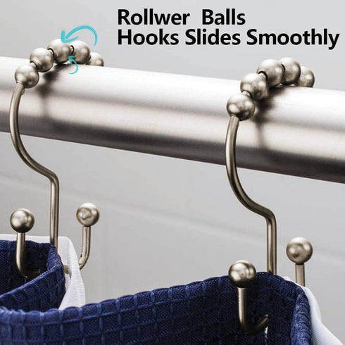 DAWNER Shower Curtain Hooks, Set of 12, Rust Proof Metal Easy Glide Double Rings, Brushed Nickel