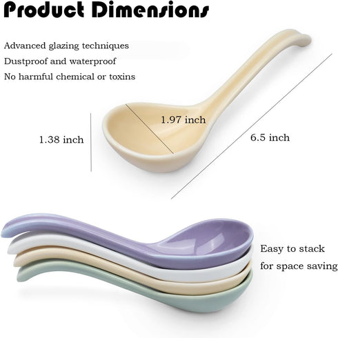 Asian Soup Spoon Set of 4,Ceramic Ramen Spoons, Japanese Soup Spoon Long Handle Perfect Depth for Dumpling, Pho, Noodles, Miso, Chinese Wonton