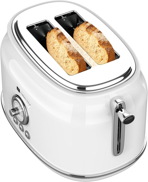 CULINARY CHEF 2 Slice Toaster - Retro Style, Wide Slot for Bread, 5 Adjustable Toast Settings, White