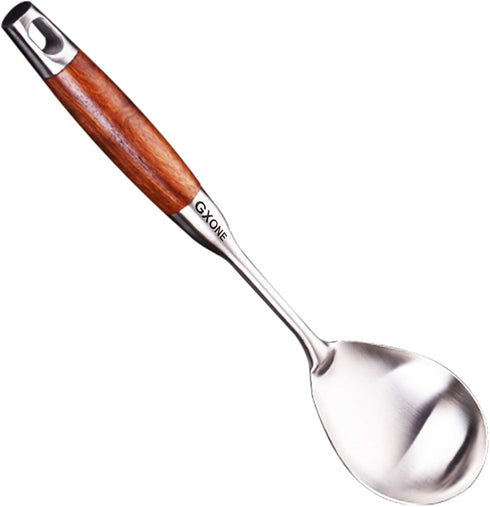 Large Serving Spoons - 304 Stainless Steel Cooking Spoon with Heat Resistant Wooden Handle, Silver, 12.4 Inch