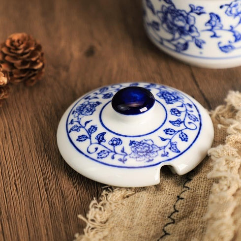 Retro Ceramic Blue and White Sugar Bowl, Seasoning Pot Storage Jar with Lid
