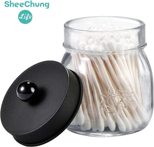 SheeChung 4 Pack Apothecary Jars with Lids, Bathroom Organizers and Storage, Small Mason Jars for Q-tips, Cottons,
