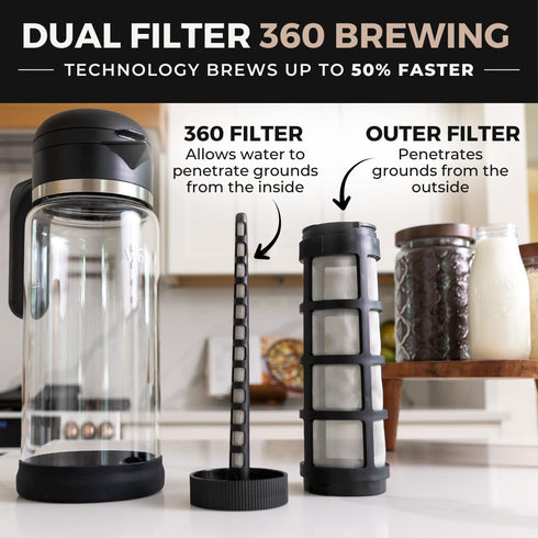 360, 360 (2.0 68 FL.OZ) VINCI Cold Brew Glass Cold Brew Coffee Maker Featuring Patented Dual Filter Brewing Technology