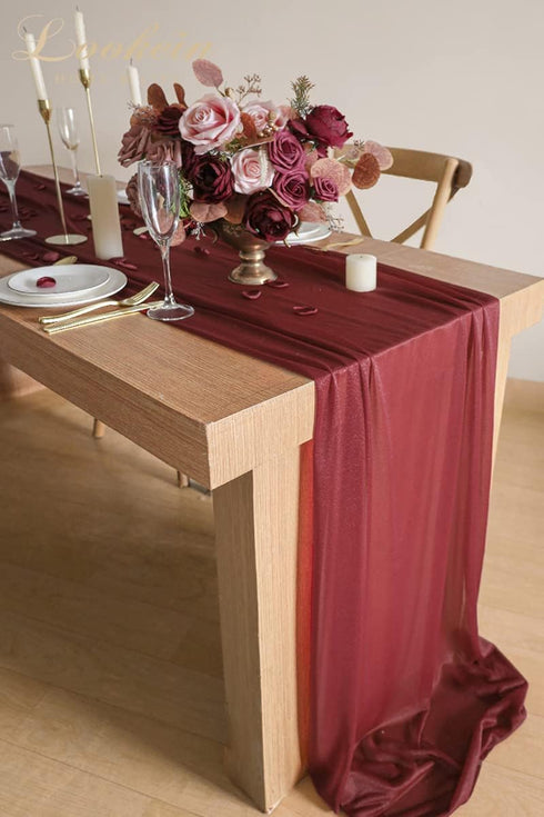 Lookein Burgundy Chiffon Table Runner 10 Feet, Sheer Wedding Table Cloth 29x120 Inches Rustic Decorations
