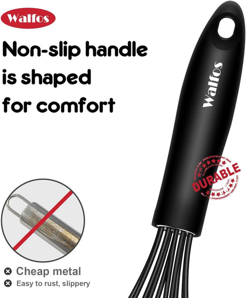 Walfos Whisk Combo, 11inch Flat Whisks and 10inch Balloon Whisk, Silicone Whisks for Cooking, Non Scratch Coated