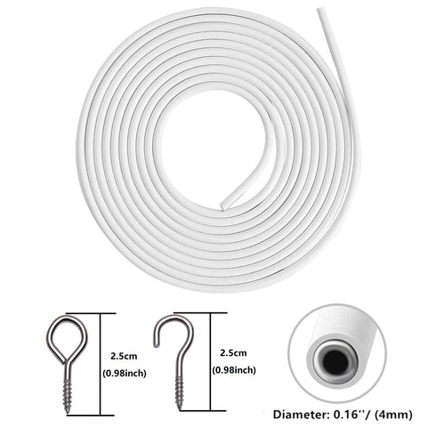2 Pack 3 Meter White Plastic Coated Curtain Wire with 8 Pairs of Screw Eyes and Hooks for Window