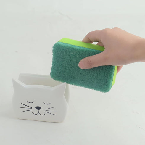 KAIGOBOX Countertop 2PCS Sponge Holder for Ceramic Sponge Caddy Cat Shape Cute Scrub Brush Dish Wand Holder for Kitchen