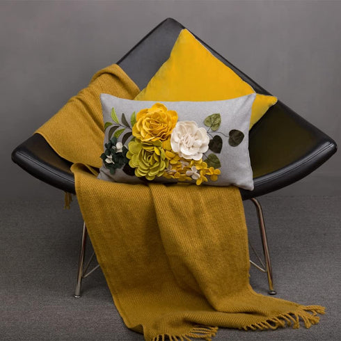 JWH Decorative 3D Flower Throw Pillow Cover, Handmade Floral Accent Pillowcase, 12x20 Inches, Gray Yellow for Sofa