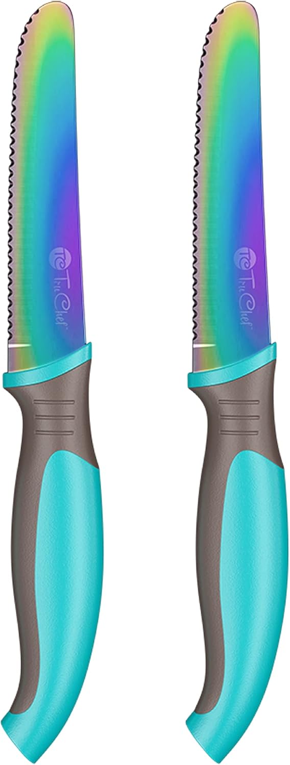 Kids Tomato Steak Knife Set (Aqua) - 2pcs, Skin Friendly Serrated Edge Stainless Steel for Real Cooking