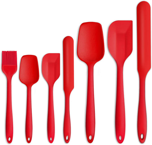 Silicone Spatula Set of 7, P&P CHEF Heat-Resistant Rubber Utensils for Non-Stick Cooking, Baking, Mixing, Red