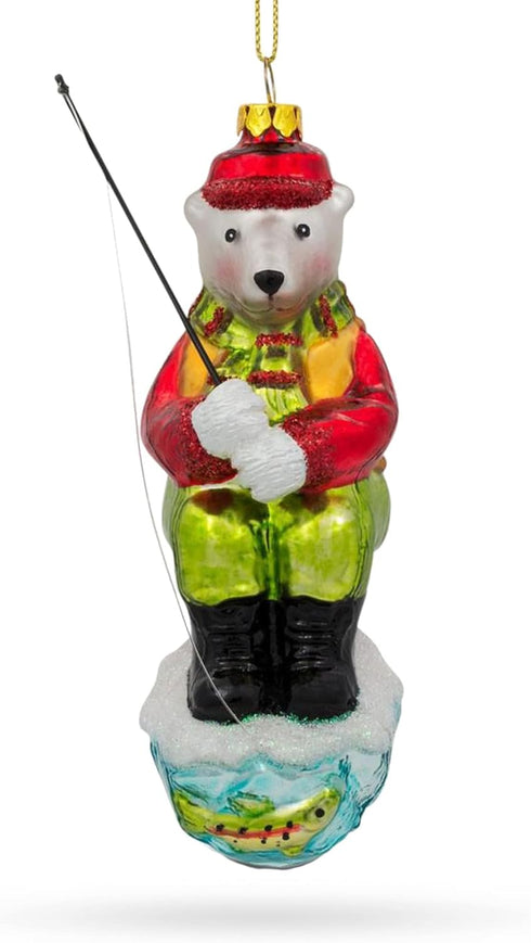 Polar Bear Ice Fishing Blown Glass Christmas Ornament