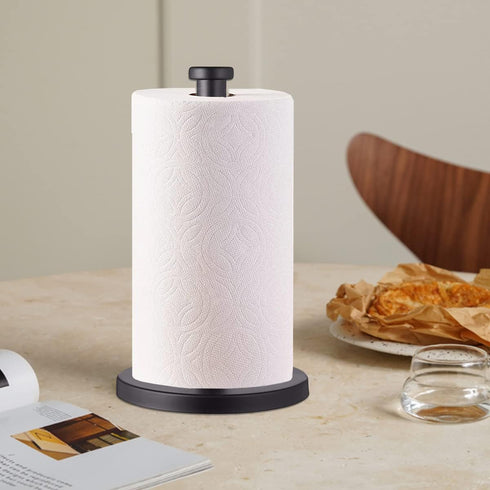Stainless Steel Paper Towel Holder, Black Countertop Stand for Kitchen Bathroom with Weighted Base for Standard Rolls