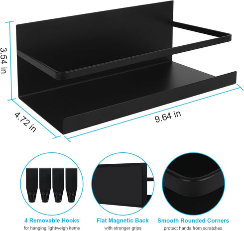 Magnetic Spice Rack Organizer, 2 Pack Magnetic Shelf for Refrigerator with 4 Hooks for Spice Jars Kitchen Storage