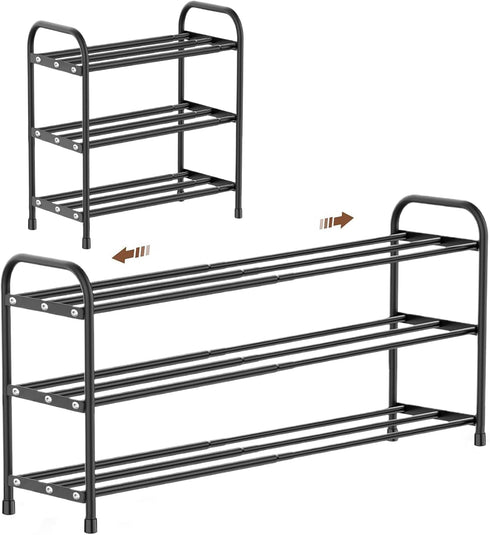 3 Closet,Slim Expandable Shoe Rack, Tier Adjustable Shoe Organizer Shelf for Narrow Black Metal Free Standing Shoe Rack