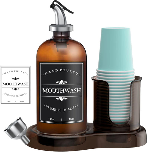 Amber Glass Mouthwash Dispenser with Cup Holder for Bathroom, 16oz Refillable Mouthwash