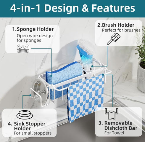 4-in-1 TAILI Sink Caddy with Strong Suction Cup, Sponge Holder for Kitchen Sink Organizer, Removable, Rustproof