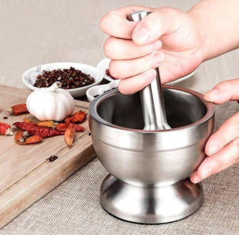 Sets 18/8 Bekith Mortar and Pestle Brushed Stainless Steel Spice Grinder Pill Crusher Molcajete Herb Bowl