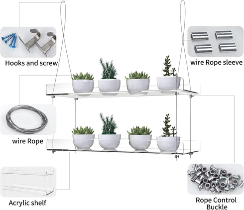 ZerzSemp 2-Tier 16" Acrylic Window Display Shelves Adjustable Clear Racks for Herbs, flowers and Indoor Greenery