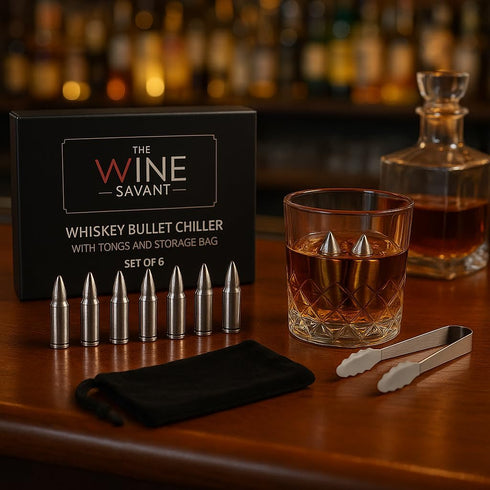 Bullet Whiskey Chillers Stones, Set of 6 Stainless Steel Bullet Shaped Ice Cubes, Gift Box, Tongs, Storage Bag