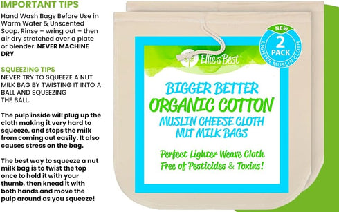 EZ-2-Squeeze 2pk -14" x14" Organic Cotton Nut Milk Bags - Reusable All Purpose Food Strainer Bag- Light Strong Muslin