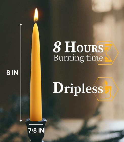 6 Packs Natural Beeswax Taper Candles - 8 inch Smokeless and Dripless Candles with 8 Hour Burn Time for Home Decor