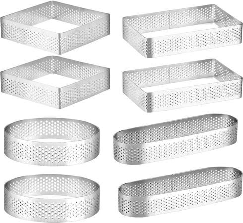 Guowall Stainless Steel Cake Ring, Multi Shaped Fruit Tarte Crust, Square Rectangle Round Oval Shape Pastry Food Ring Nonstick DIY Baking Tools - 8pcs