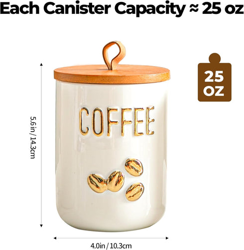 Set 3-Piece Counter 25oz White Ceramic Canister for Coffee Tea Sugar, Food Storage Jars with Wood Airtight Lids