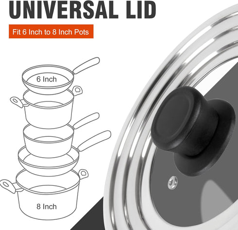 Universal Lid for Pots and Pans Skillets, Stainless Steel Pan Cover Fits 6-7-8 Inch Cookware,Replacement Frying Pan Cover, Cast Iron Skillet Pot Lids with Heat Resistant Knob by Komokeru