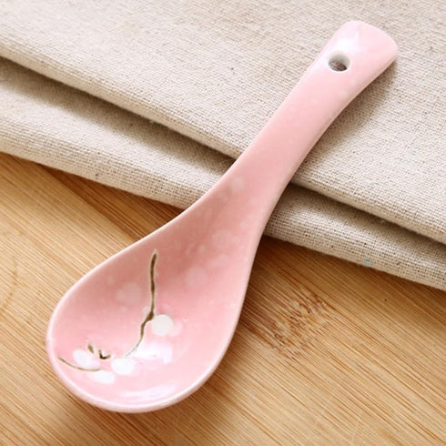 Healvian 6pcs Chinese/Japanese Ceramic Soup Spoons, Ceramic Asian Soup Spoons,Ramen Spoons,Pink in Snow Pattern Ceramic Spoon ,Porcelain Soup Spoons for Ramen, Soup, Dumpling,Wonton, Noodle Soup Spoon