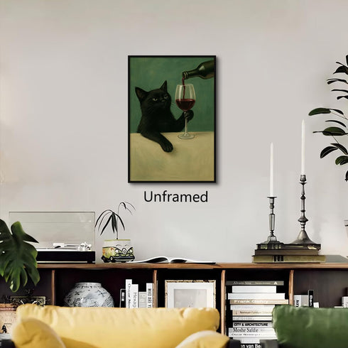 Generic 12x16in Black Cat Canvas Wall Art, Moody Dark Green Cat Painting Poster, Vintage Whimsical Animal Picture, Wine