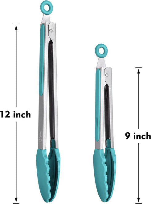 HOTEC Premium Stainless Steel Locking Kitchen Tongs Set of 2, 9" and 12", with Silicone Tips, Blue