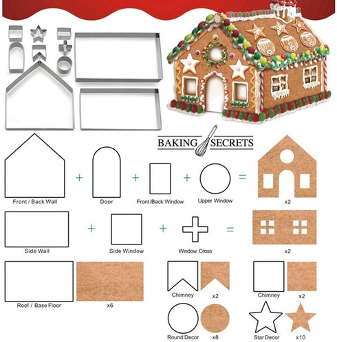 Gingerbread House Cookie Cutter Set, 3D Stainless Steel Biscuit Cutter Mold Including Christmas Tree, Snowman,