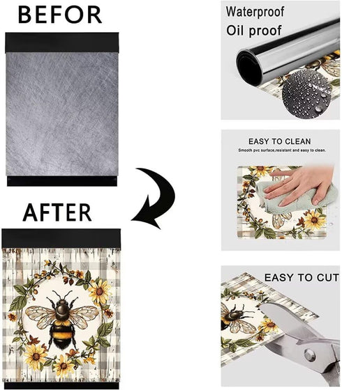 Bee Flower Wreath Dishwasher Magnet Decoration, 23Wx26H Wood Grain Texture Refrigerator Sticker for Farmhouse Kitchen