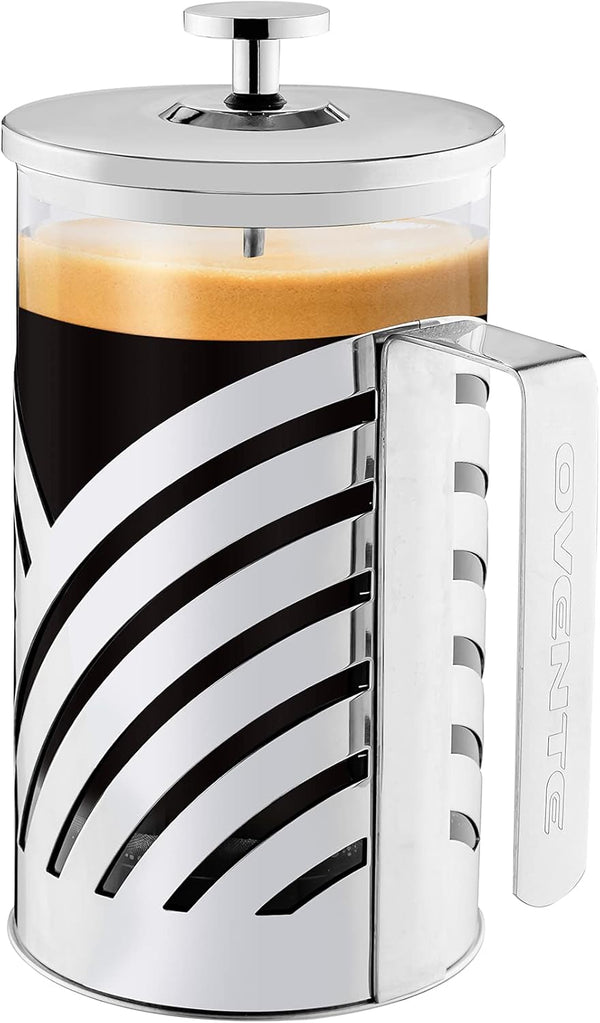 OVENTE 27 Ounce French Press Coffee & Tea Maker - Silver Portable Pitcher with 4 Level Stainless Steel Filter System