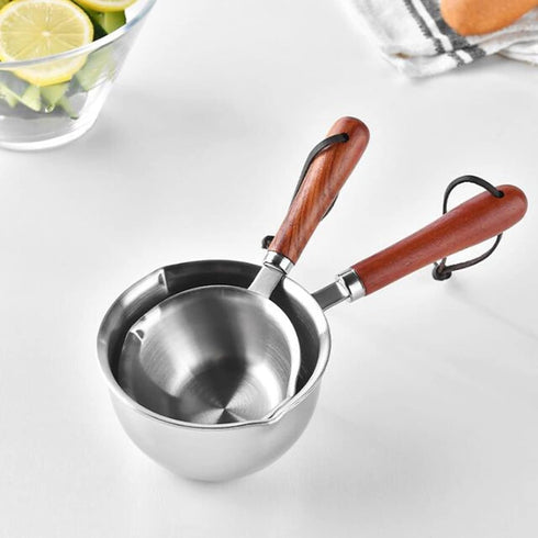 Stainless Steel Saucepan, Non-Stick Multipurpose Sauce Pan with Pour Spout and Wood Handle for Cooking Heating