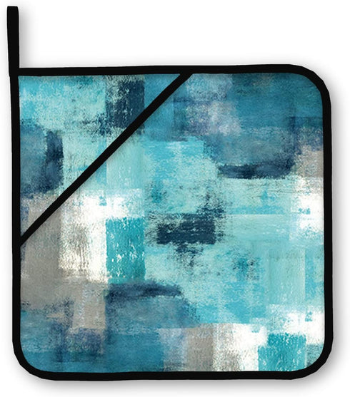 Modern Teal Abstract Art Turquoise Grey Oven Mitts and Pot Holders Set of 4 for Kitchen Baking Cooking Grilling